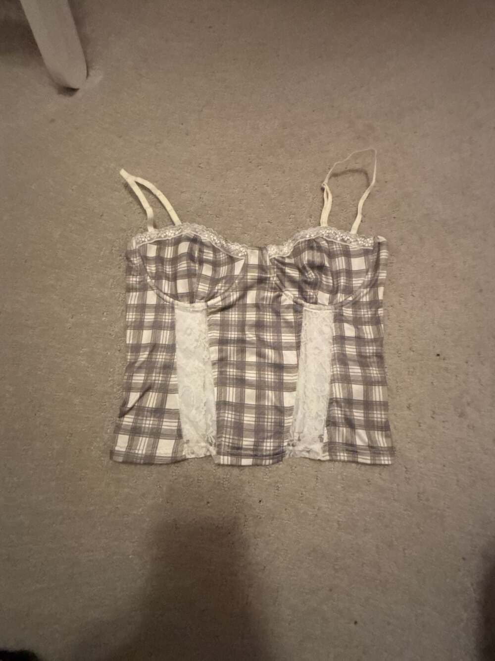 Edikted Plaid Corset Top Size M Gray White Lace Trim Cami